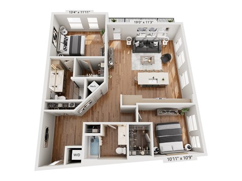 Floor plan for 2 beds, 2 baths, 1228 sqft